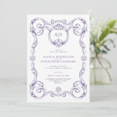 Classic elegant rococo lavender monogram wedding einladung (Stehend Vorderseite)