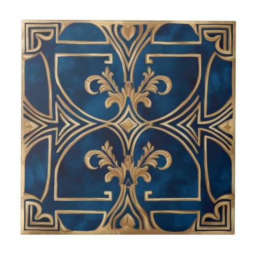 Classic Elegant Royal Blue und Gold Grill Tile Fliese (Vorderseite)