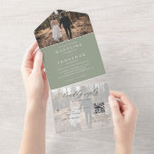 Classic Elegant Sage Green 2 Foto QR Code Wedding All In One Einladung (Abreißen)