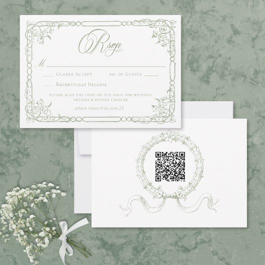Classic Elegant Sage Green Floral Frame Wedding QR RSVP Karte
