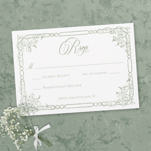 Classic Elegant Sage Green Floral Frame Wedding RSVP Karte