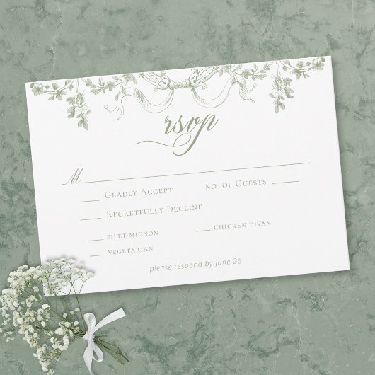 Classic Elegant Sage Green Floral Frame Wedding RSVP Karte