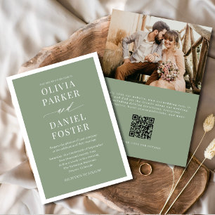 Classic Elegant Sage Green Foto QR Code Wedding Einladung