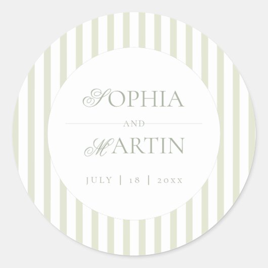 Classic Elegant⎮Sage Green Striped Wedding Runder Aufkleber (Vorderseite)