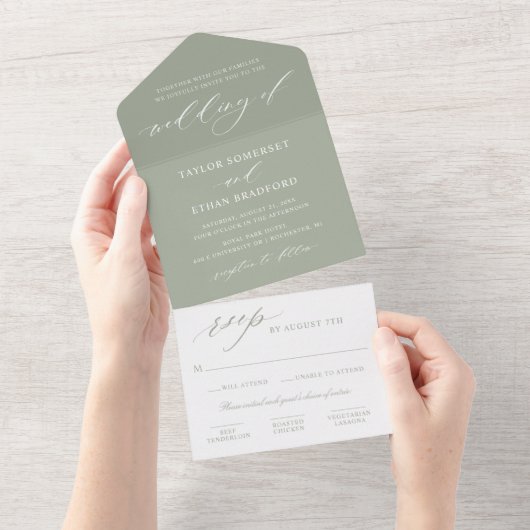 Classic Elegant Sage Green Wedding All In One Einladung (Abreißen)
