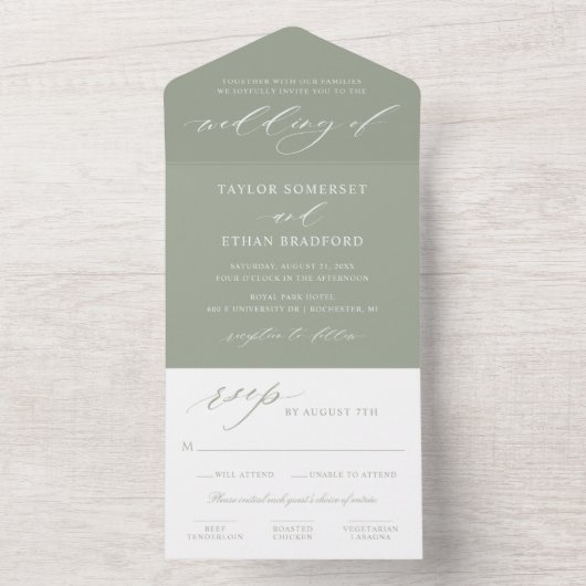 Classic Elegant Sage Green Wedding All In One Einladung (Innen Boden)
