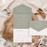 Classic Elegant Sage Green Wedding All In One Einladung<br><div class="desc">Klassisches und elegantes Salbeigrün in einer Hochzeitseinladung ist eine einmalige Dreifach-Einladungs-Option, die sich selbst eingeschlossen, verschlossen und mit einer abnehmbaren UAWG-Postkarte an die Gäste verschickt, ohne Umschläge zu benötigen! Das Design zeichnet sich durch moderne Akzente in der Kalligraphie mit klassischer Typografie aus. Die Gastadresse kann auf der Rückseite eingeschlossen werden...</div>