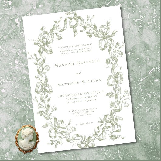 Classic Elegant Sage Oval Ribbon Frame Wedding Einladung