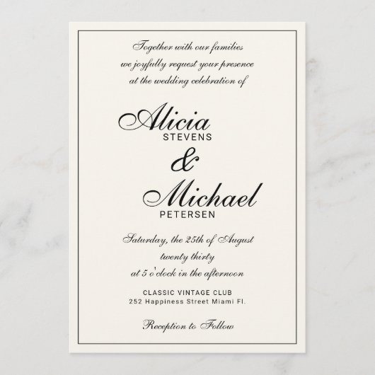 Classic elegant script black and ivory wedding einladung (Vorderseite)