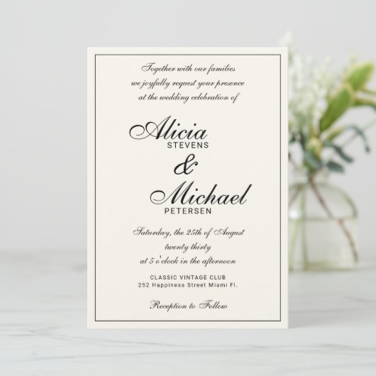 Classic elegant script black and ivory wedding einladung (Stehend Vorderseite)