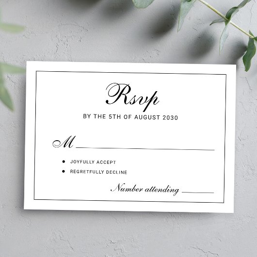 Classic elegant script black and white wedding RSVP karte