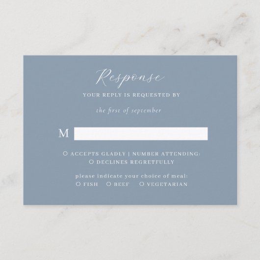 Classic Elegant Script Dusty Blue Wedding Rsvp Begleitkarte (Vorderseite)