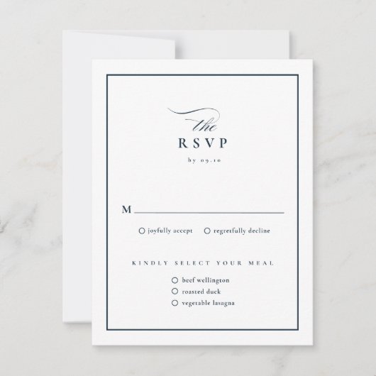 Classic Elegant Script Navy Blue Wedding RSVP Karte (Vorderseite)