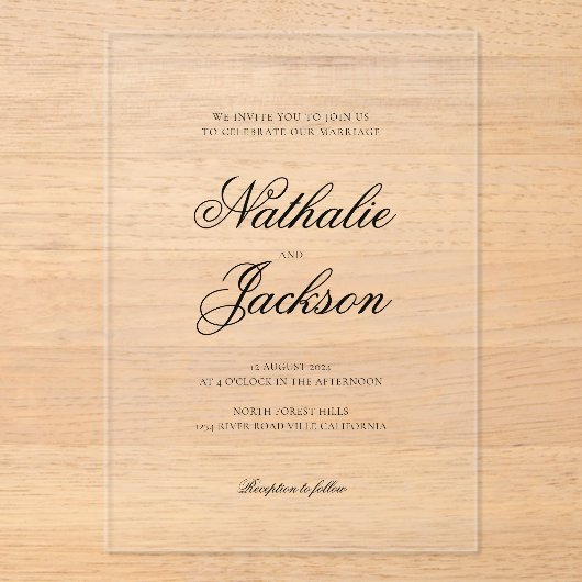 Classic Elegant Script Photo Wedding Acryleinladungen (Vorderseite)