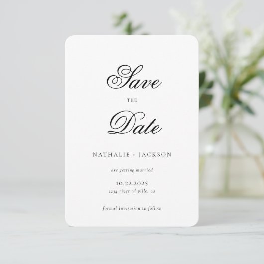 Classic Elegant Script Photo Wedding Save the Date (Stehend Vorderseite)