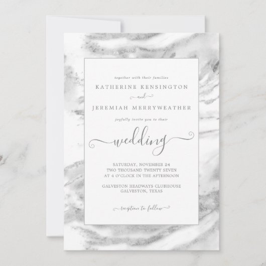 Classic Elegant Silver Foil Marmor Wedding Einladung (Vorderseite)