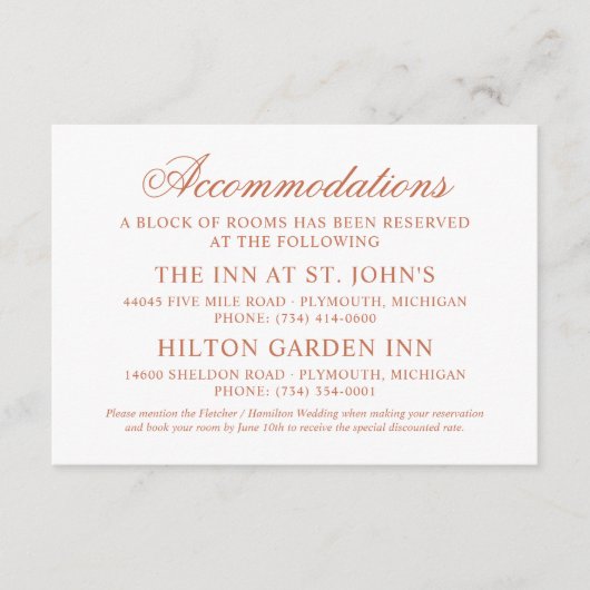 Classic Elegant Terracotta Hochzeitsunterkünfte Begleitkarte (Vorderseite)