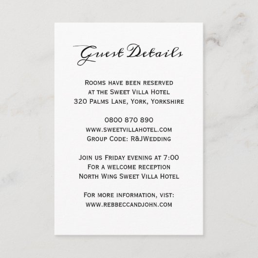 Classic Elegant Wedding Guest Hotel Details Card Begleitkarte (Vorderseite)