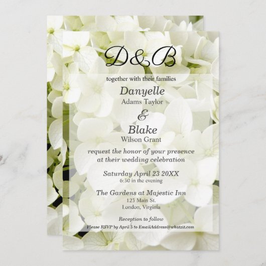 Classic Elegant White Hydrangea Monogram Einladung (Vorne/Hinten)