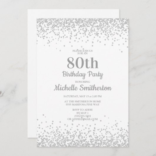 Classic Elegant White Silver Glitzer 80. Geburtsta Einladung (Vorne/Hinten)