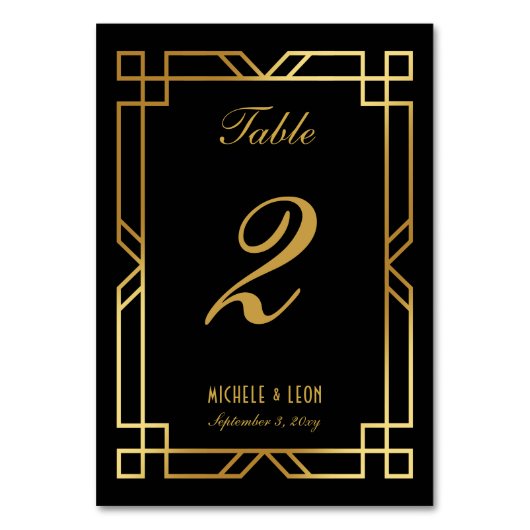 Classic Elegante Art Deco Frame Wedding Black Gold Tischnummer (Rückseite)