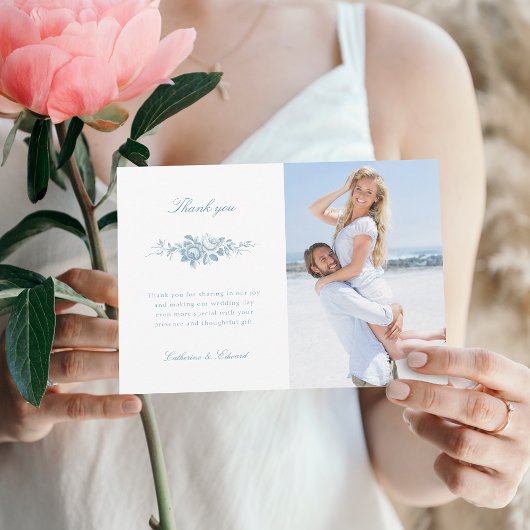 Classic Elegantes Blau-Weiß-Foto Dankeskarte