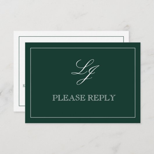 Classic Emerald Green Calligraphy Monogram Wedding RSVP Karte (Vorne/Hinten)