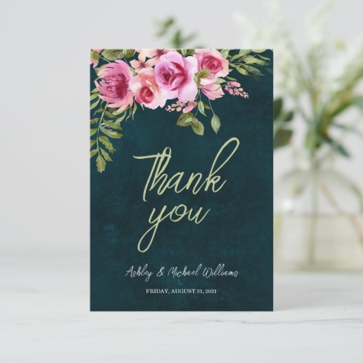 Classic Emerald Green Floral Dark Moody Wedding Dankeskarte (Stehend Vorderseite)