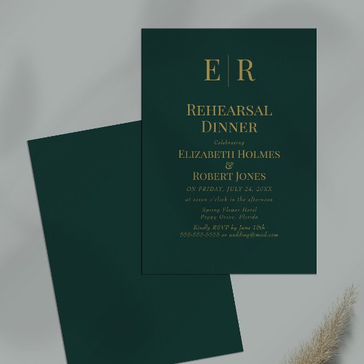 Classic Emerald Green Monogram Probe Dinner Einladung