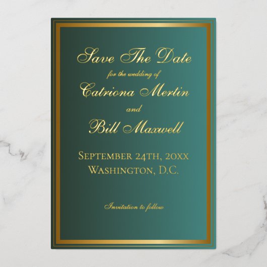 Classic Emerald Green und Gold Save the Date Folieneinladung (Vorderseite)