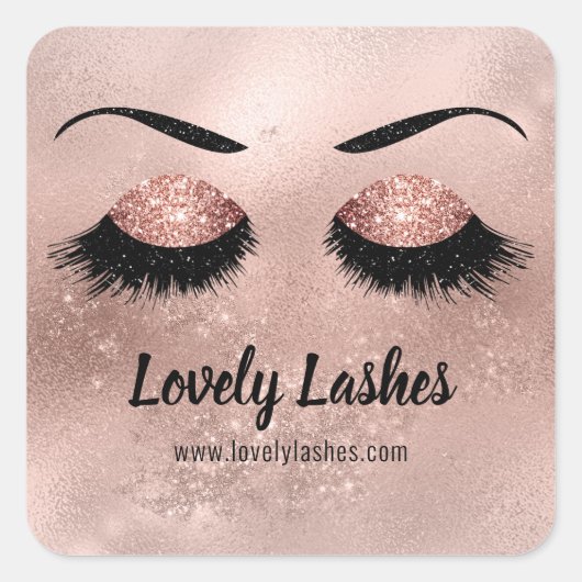 Classic Eye Lashes Rose Gold Sparkle Glitzer Logo Quadratischer Aufkleber (Vorderseite)