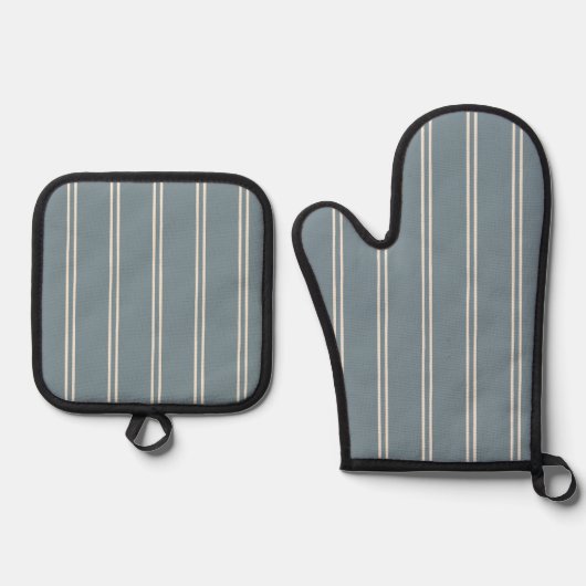 Classic Farmhouse Ticking Stripe | Blue Grey Agave Ofenhandschuh & Topflappen-Set (Vorderseite)