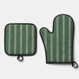 Classic Farmhouse Ticking Stripe | Forest Green Ofenhandschuh & Topflappen-Set
