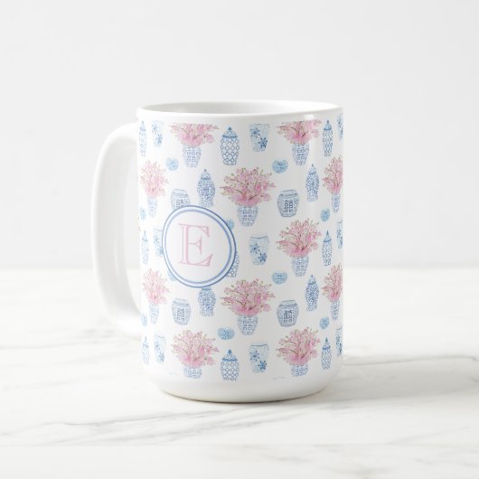 Classic Feminine Pink and Blue Ginger Jar Monogram Kaffeetasse (Vorderseite Links)