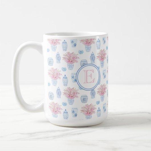 Classic Feminine Pink and Blue Ginger Jar Monogram Kaffeetasse (Links)