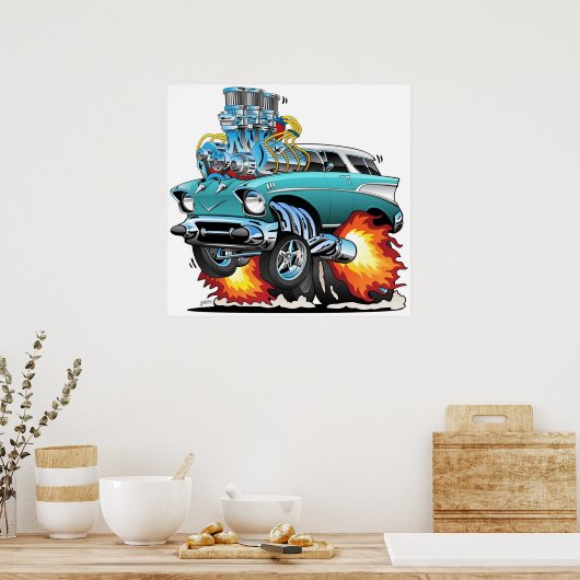 Classic Fifties Frisierte Auto Muscle Car Cartoon Poster (Küche)