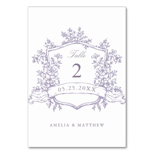 Classic Floral Crest Lavender Wedding Tischnummer (Vorderseite)