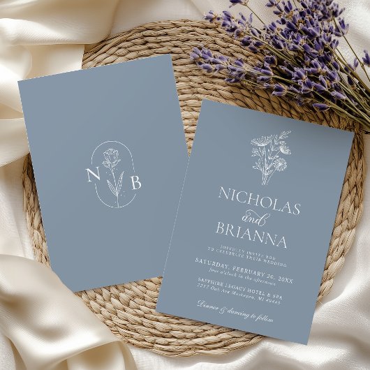 Classic Floral Dusty Blue Wedding Minimalistisch Einladung