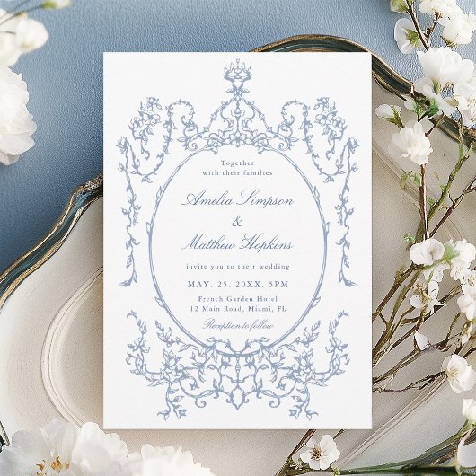 Classic Floral Frame Dusty Blue Wedding            Einladung