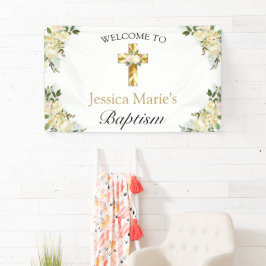 Classic Floral Gold Cross Taufe Willkommen Banner