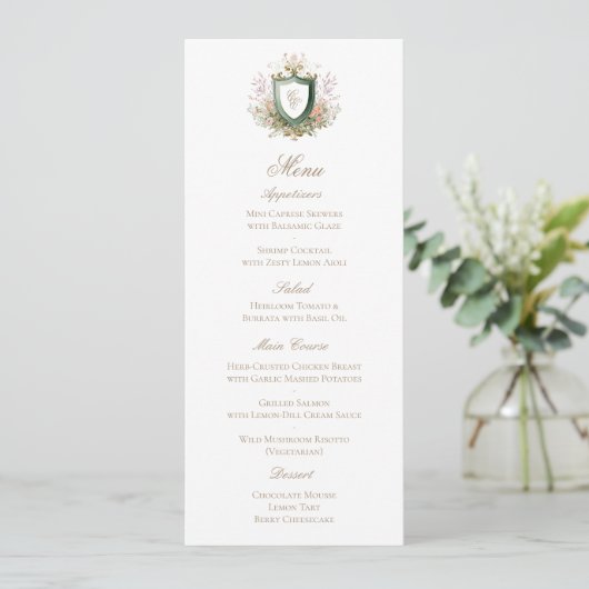 Classic Floral Monogram Crest Wedding Menu Card Save The Date (Stehend Vorderseite)