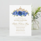Classic Floral Royal Blue Gold Tiara Quinceañera Einladung (Stehend Vorderseite)