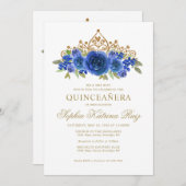 Classic Floral Royal Blue Gold Tiara Quinceañera Einladung (Vorne/Hinten)