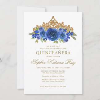Classic Floral Royal Blue Gold Tiara Quinceañera Einladung
