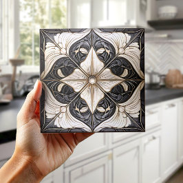 Classic Floral Tile Pat#11 Black Ivory Wht ID1078 Fliese