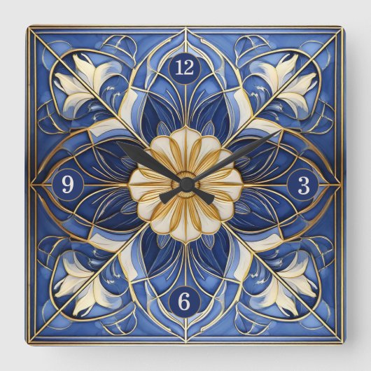 Classic Floral Tile Pat#12 Blue Yellow ID1078 Quadratische Wanduhr (Vorderseite)