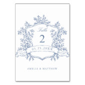 Classic Floral Wappen Dusty Blue Wedding Tischnummer (Rückseite)