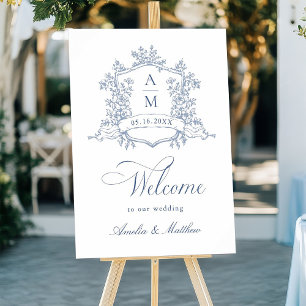 Classic Floral Wappen Dusty Blue Wedding Willkomme Poster
