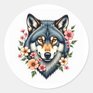 Classic Floral Wolfs Head Round Stickers