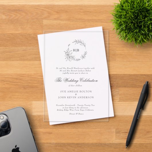 Classic Floral Wreath Monogram Wedding Acryleinladungen (Insitu (Einladungskarte))